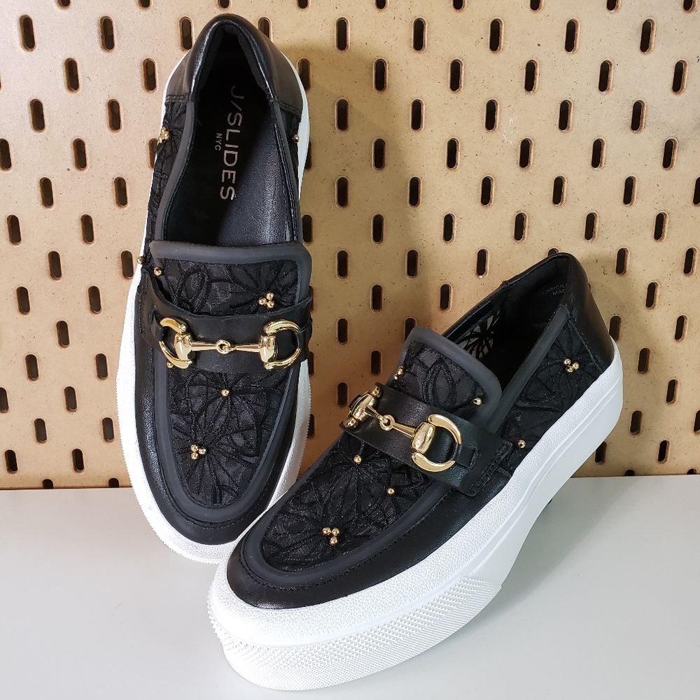 J Slides Black Lace Platform Loafers with Gold Hardware